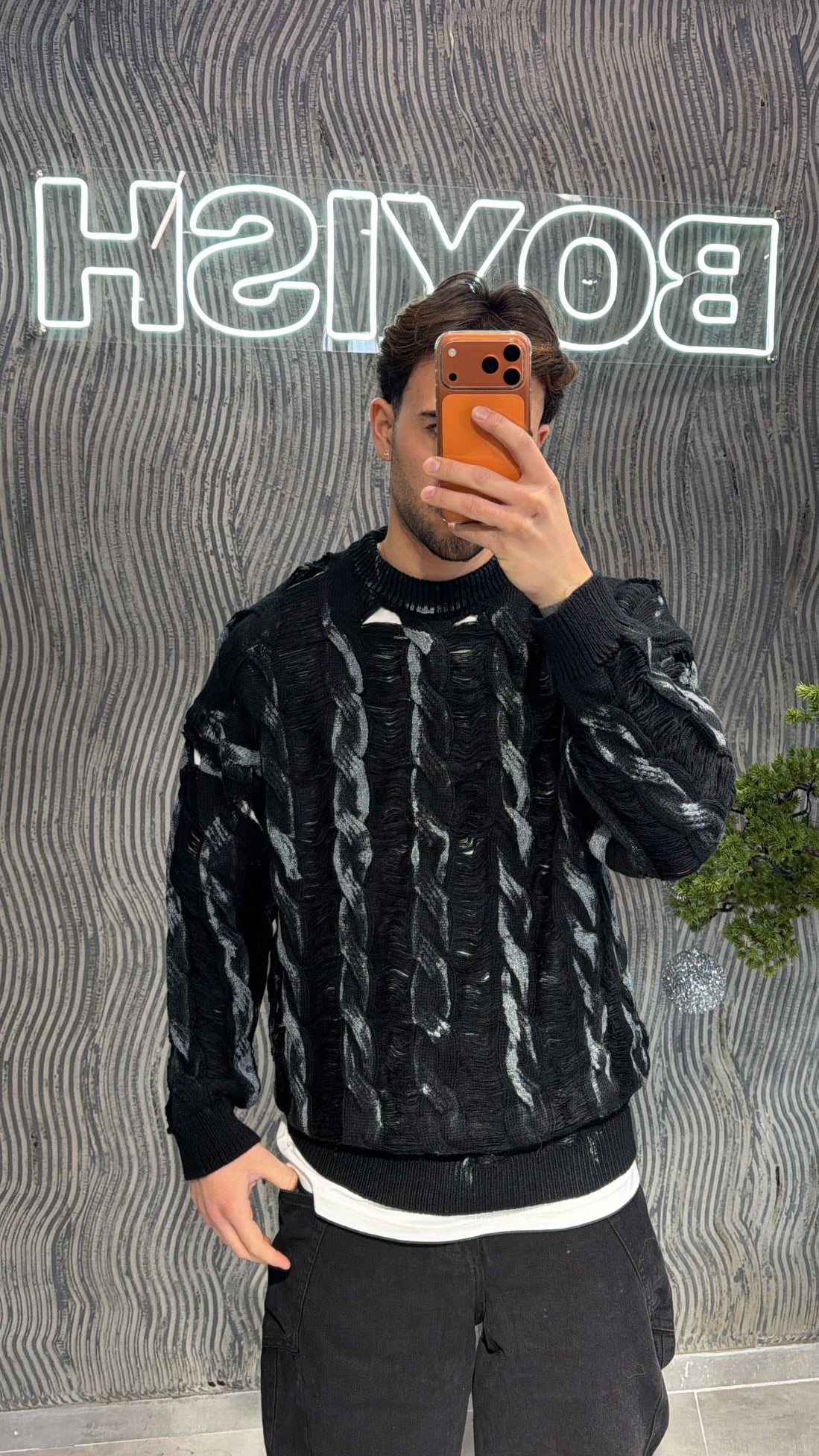 Maglia treccia nera/grigia