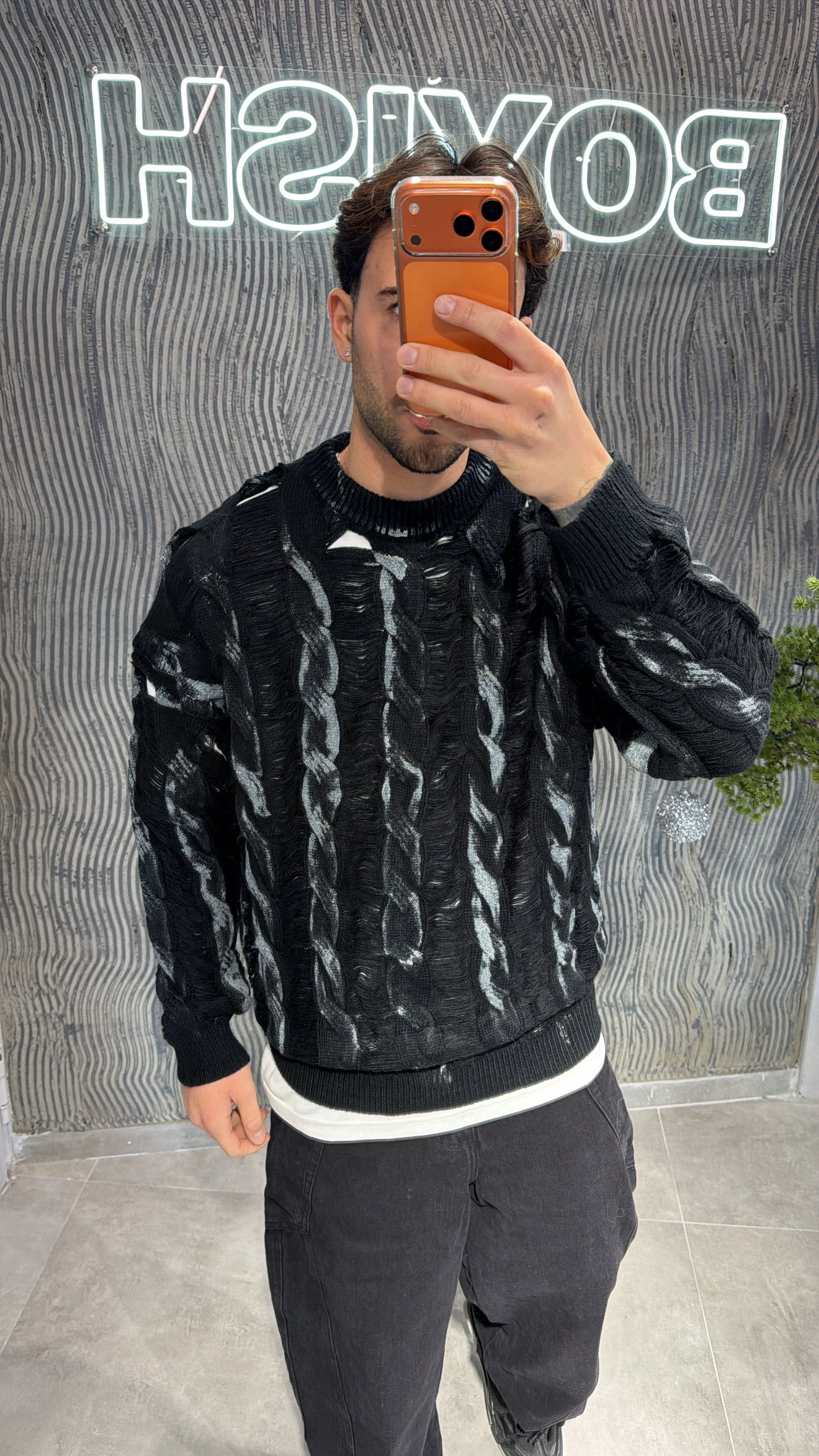 Maglia treccia nera/grigia