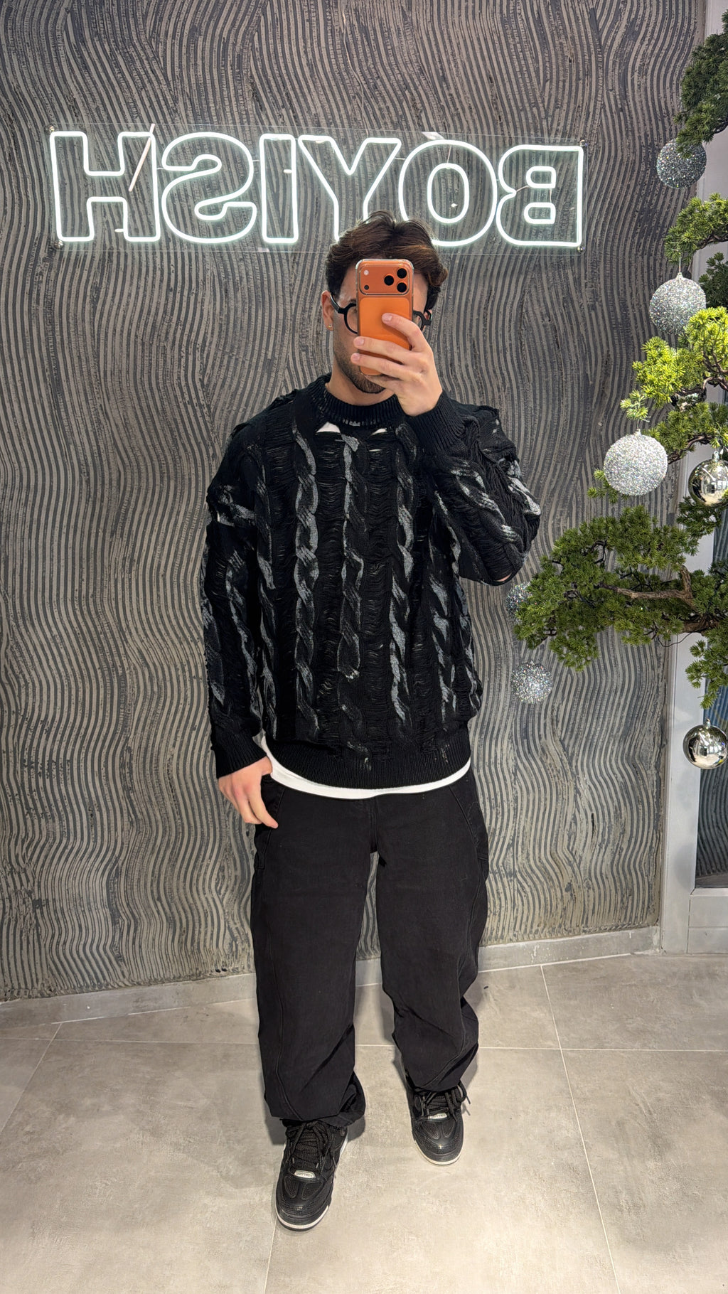 Maglia treccia nera/grigia